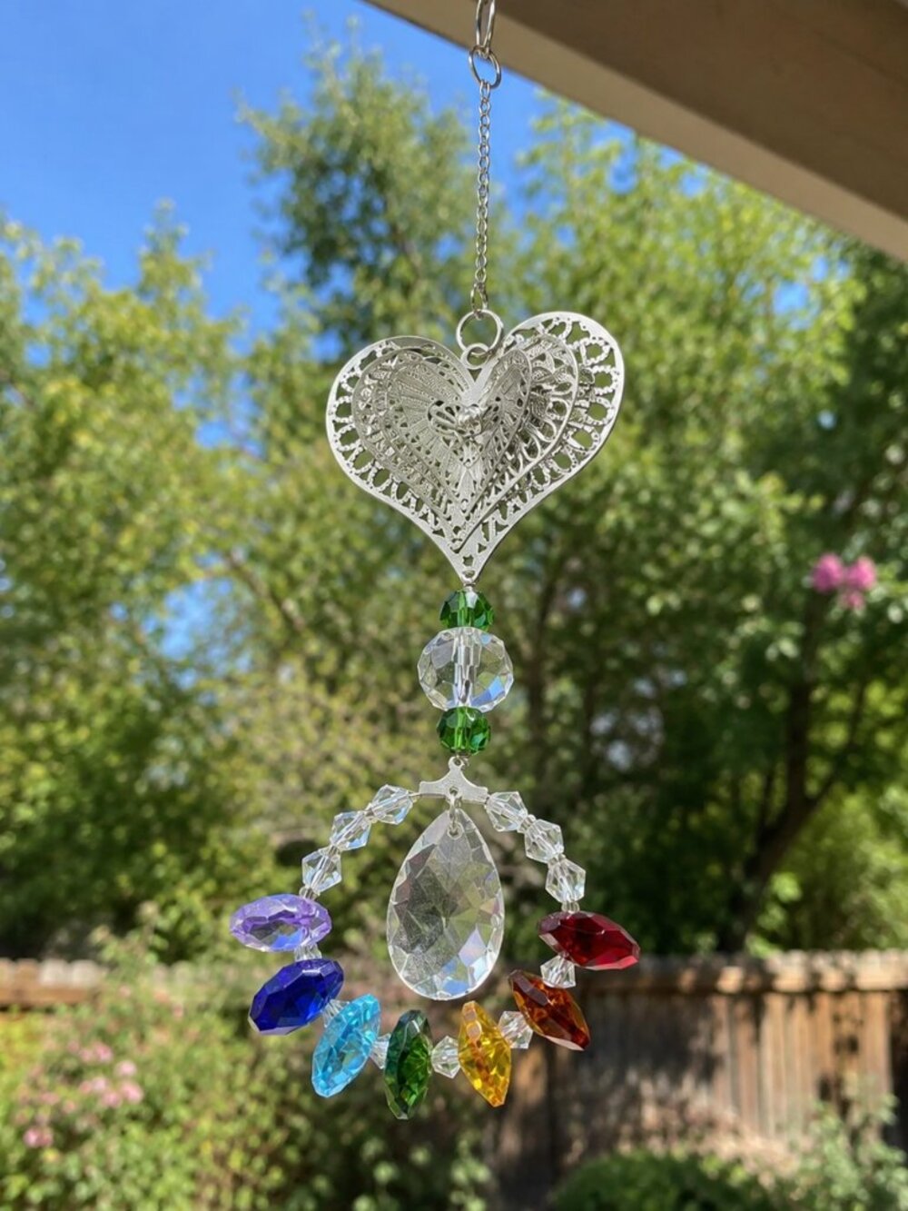Glass Prism Heart Suncatcher Chakra / Rainbow colors , almost 14 inches